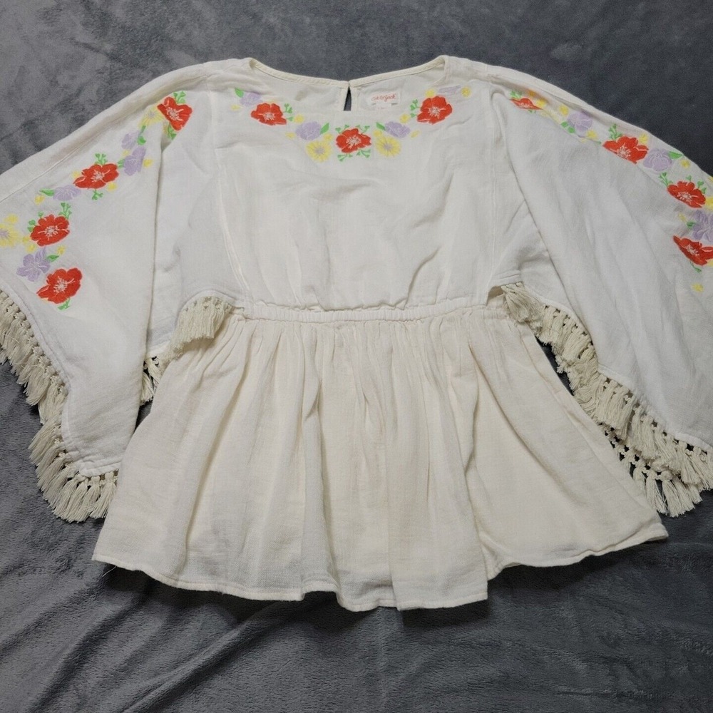 Art Class Shirt Girl Large Button Back White Embroidered Boho Short Sleeve 10/12